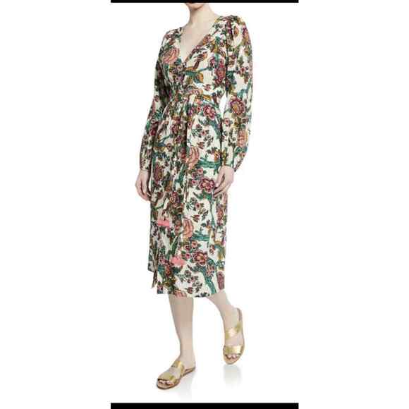 Figue Malina Belted Metallic Birds Floral Paradise Printed Midi Dress $625 Small - Picture 1 of 11